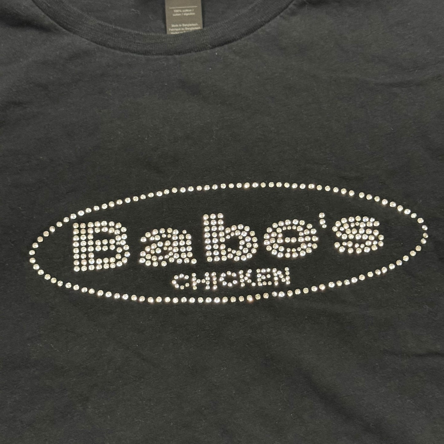 Secondhand Babe’s Chicken Rhinestone Logo Black Graphic T-Shirt, Size Medium