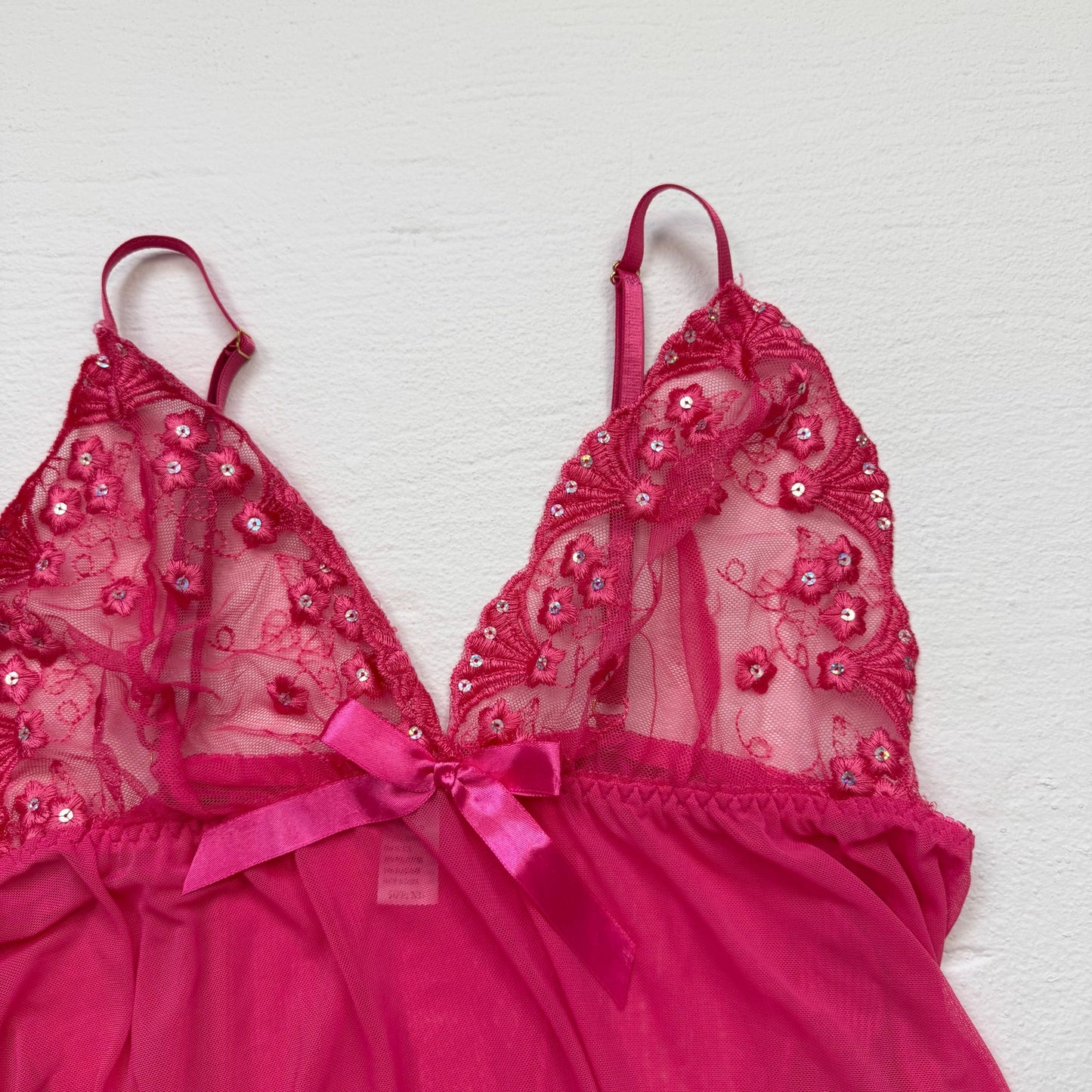 Secondhand Pink Mesh Sequin Lace Babydoll Lingerie Mini Nightgown, Size XL