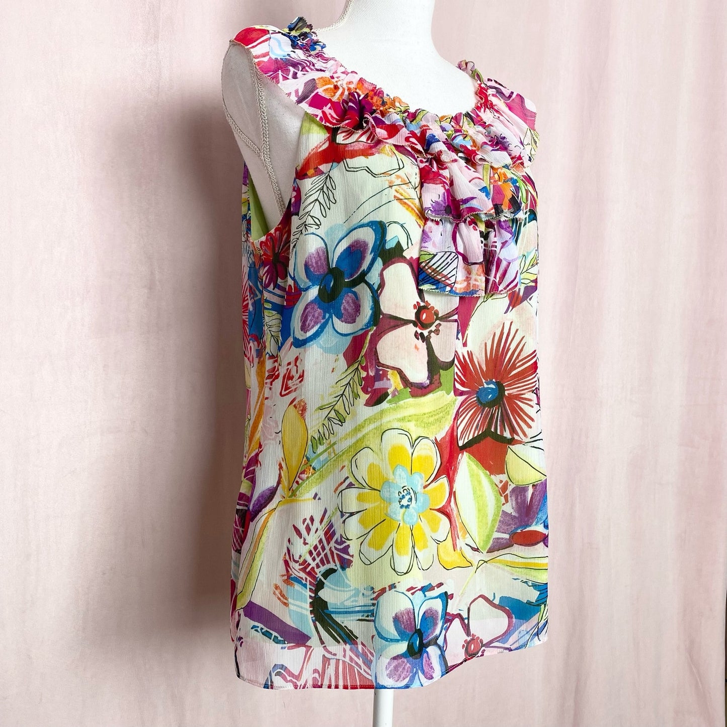 Secondhand Spense Colorful Floral Ruffle Sleeveless Blouse, Size Large