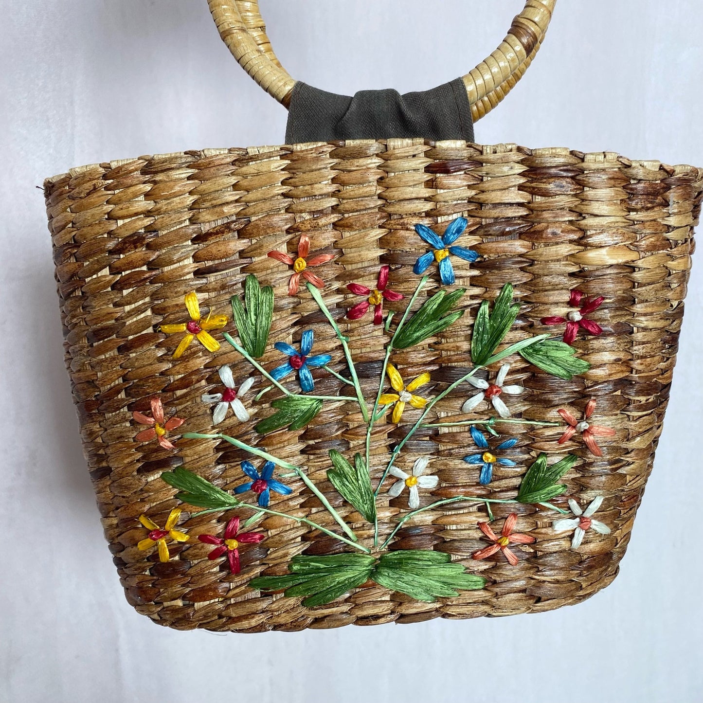 Secondhand Esprit Floral Embroidered Basket Straw Handbag