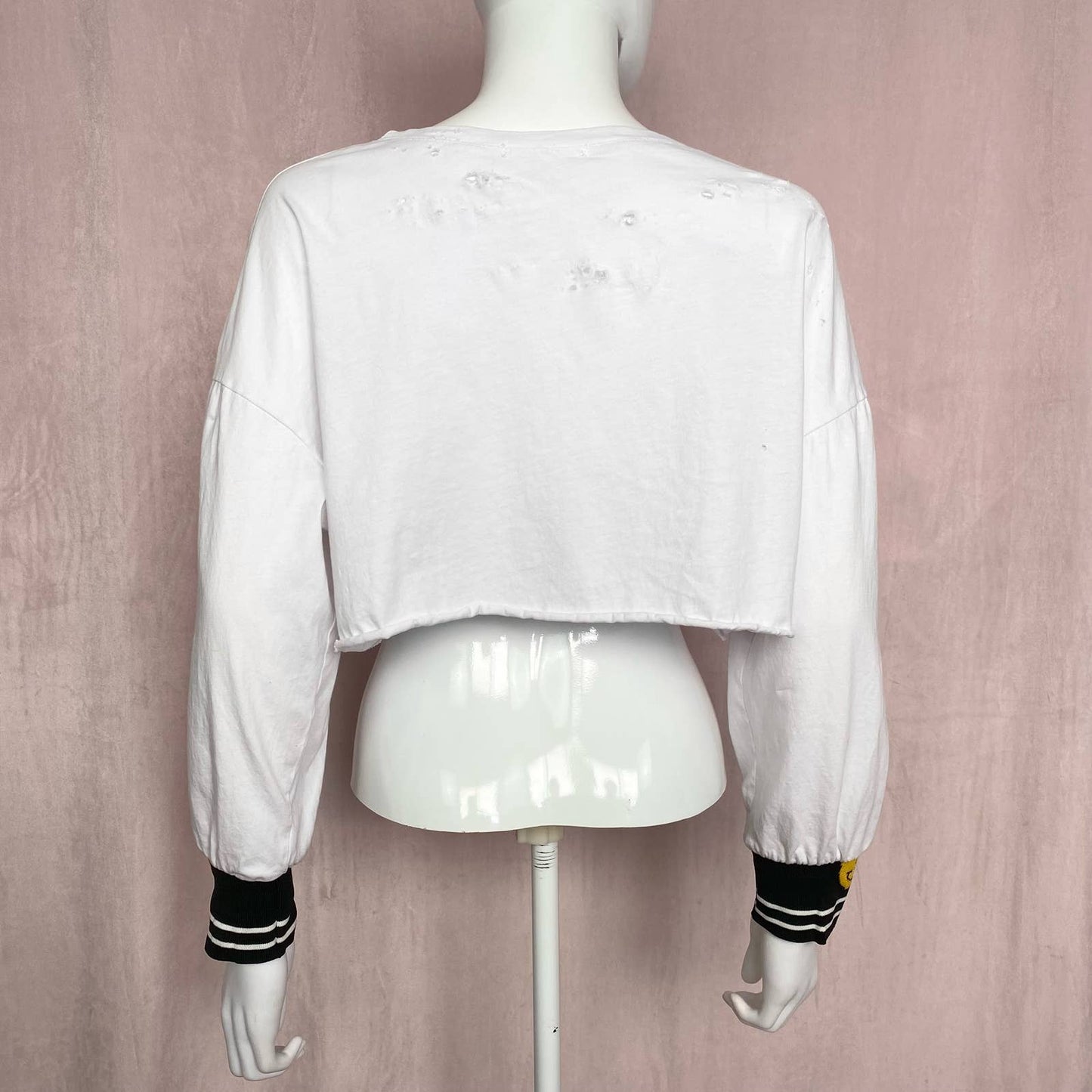 Reworked Distressed Smiley Face Crop Long Sleeve, One Size