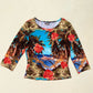 Y2K Lux Tropical Beach Allover Print 3/4 Sleeve Top, Size Medium