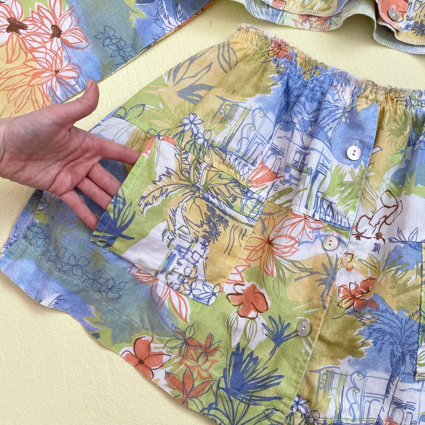 Upcycled Vintage Linen Blend Tropical Button Up Skirt Set, Size Small