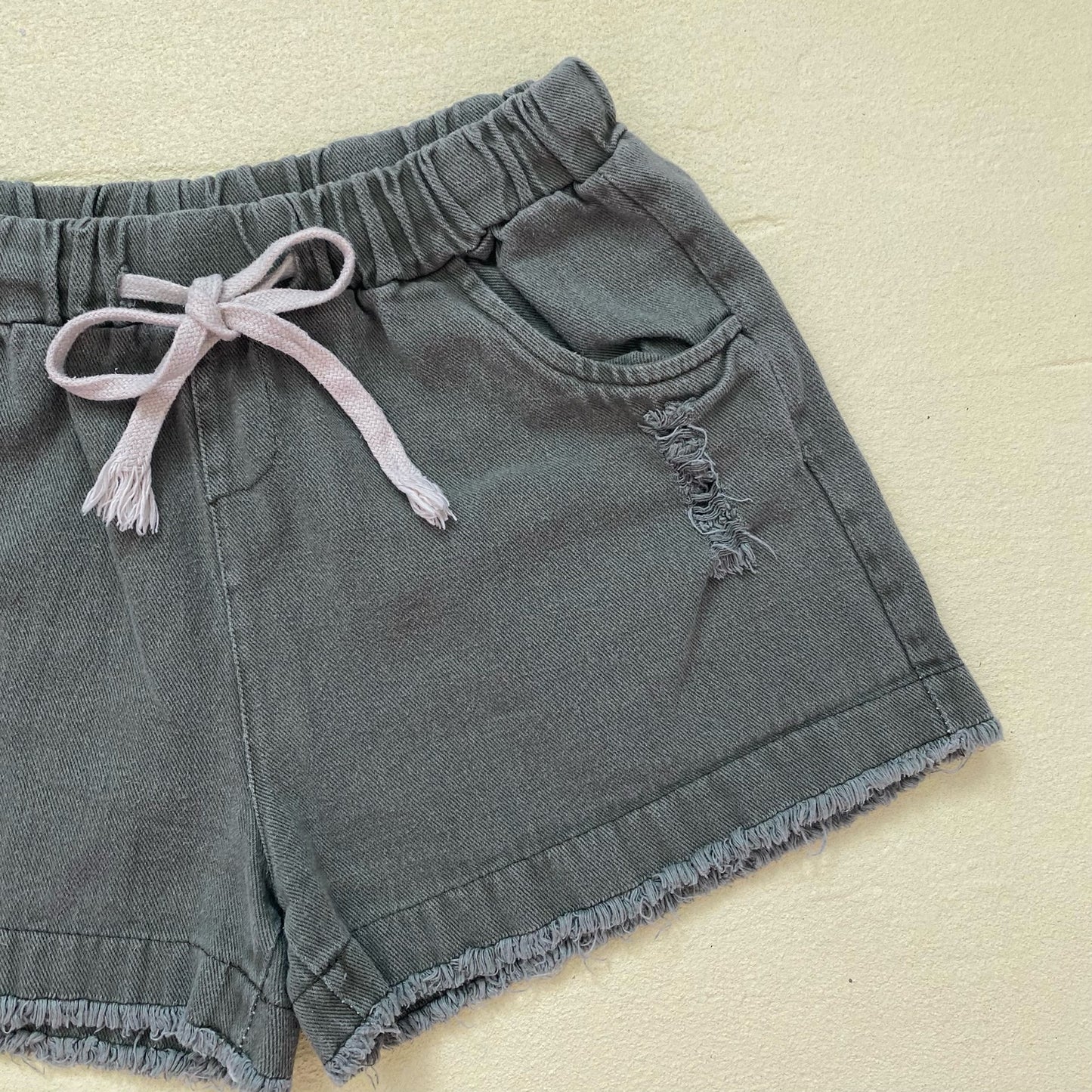 Secondhand Green Denim Tie Front Frayed Hem Shorts, Size XS