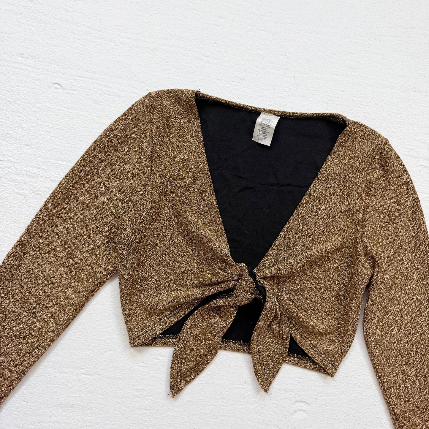 Y2K Sparkly Gold Tie Front Crop Top Shrug Feather Trim, Size Small