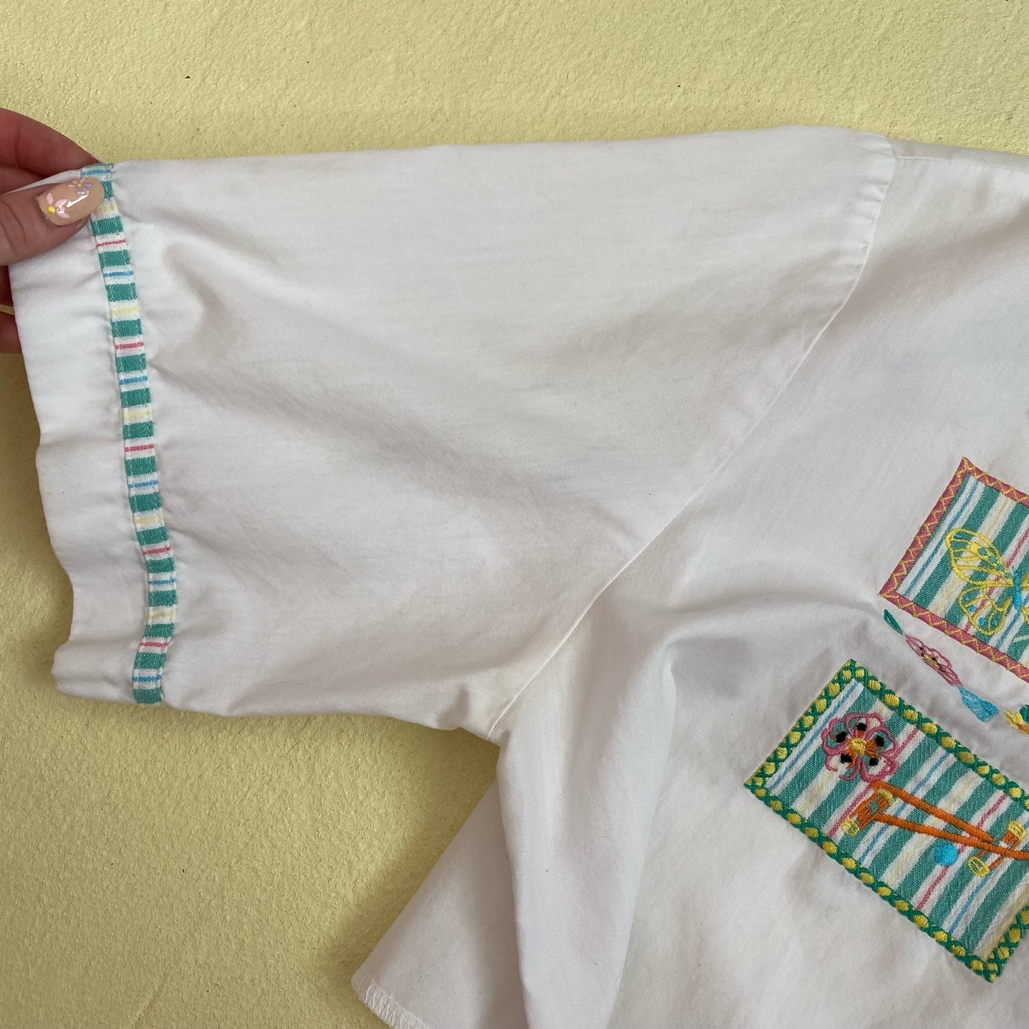 Upcycled Vintage Embroidered Crop Button Up Shirt, Size Large