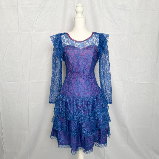 Vintage 80s Steppin Out Lace Ruffle Party Dress, Size Medium