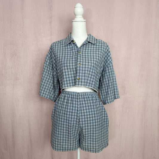 Upcycled Button Up Crop Shirt & Boxer Shorts Set, Size S/M