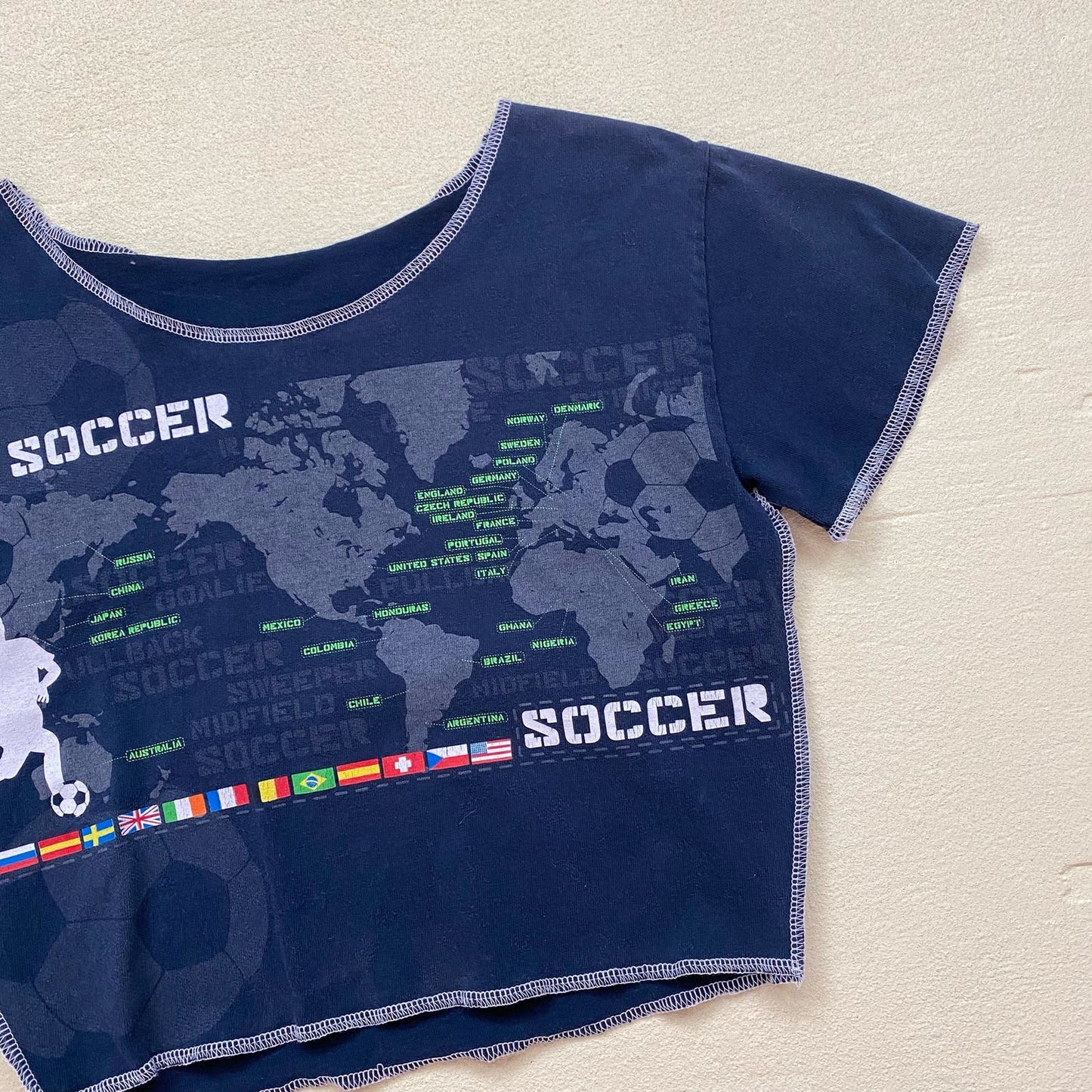 Upcycled Soccer Globe Graphic Crop Baby Tee, Size XS