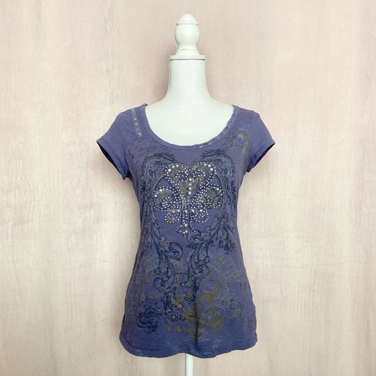 Y2K RXB Rhinestone Fleur De Lis Short Sleeve Top, Size Medium