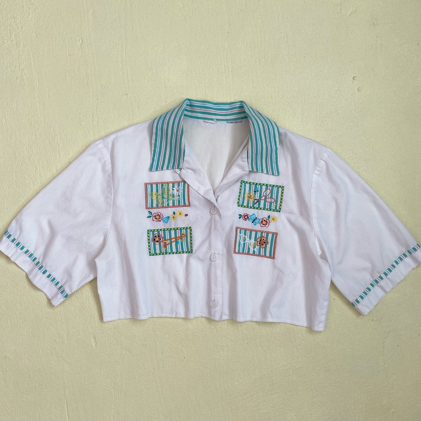 Upcycled Vintage Embroidered Crop Button Up Shirt, Size Large