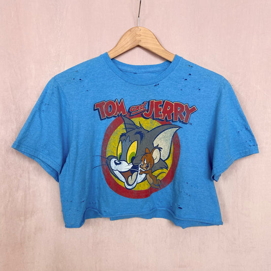Reworked Tom & Jerry Distressed Crop Graphic Tee, Size Medium