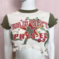 Upcycled Varsity Graphic Asymmetrical Crop Baby Tee, Size Small