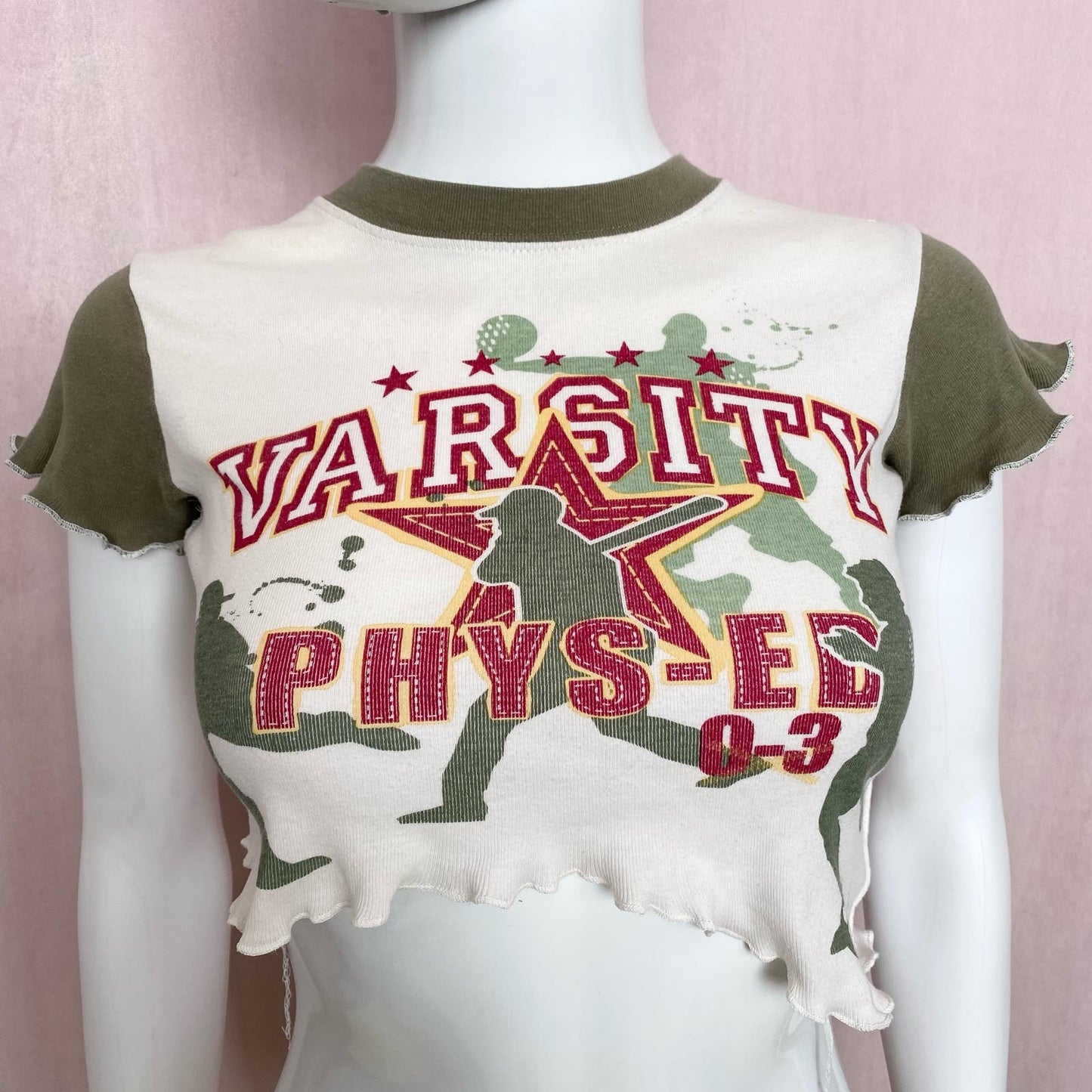 Upcycled Varsity Graphic Asymmetrical Crop Baby Tee, Size Small