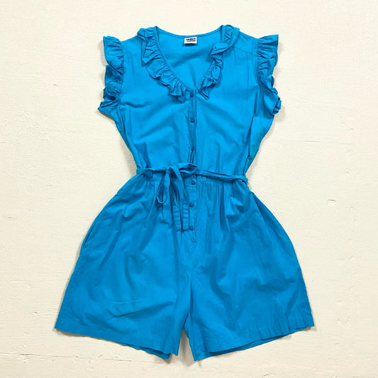 Vintage Oops California Blue Ruffle Trim Button Front Romper, Size M/L