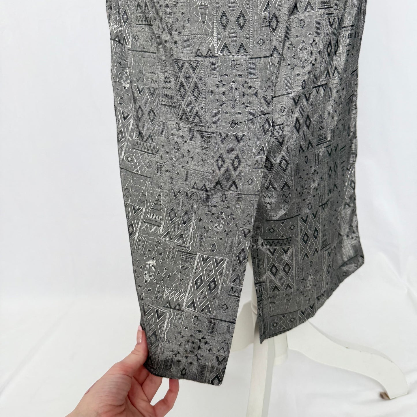 Vintage 80s True Wit Skirt Suit Set Gray Satin Geometric Print, Size 5/6