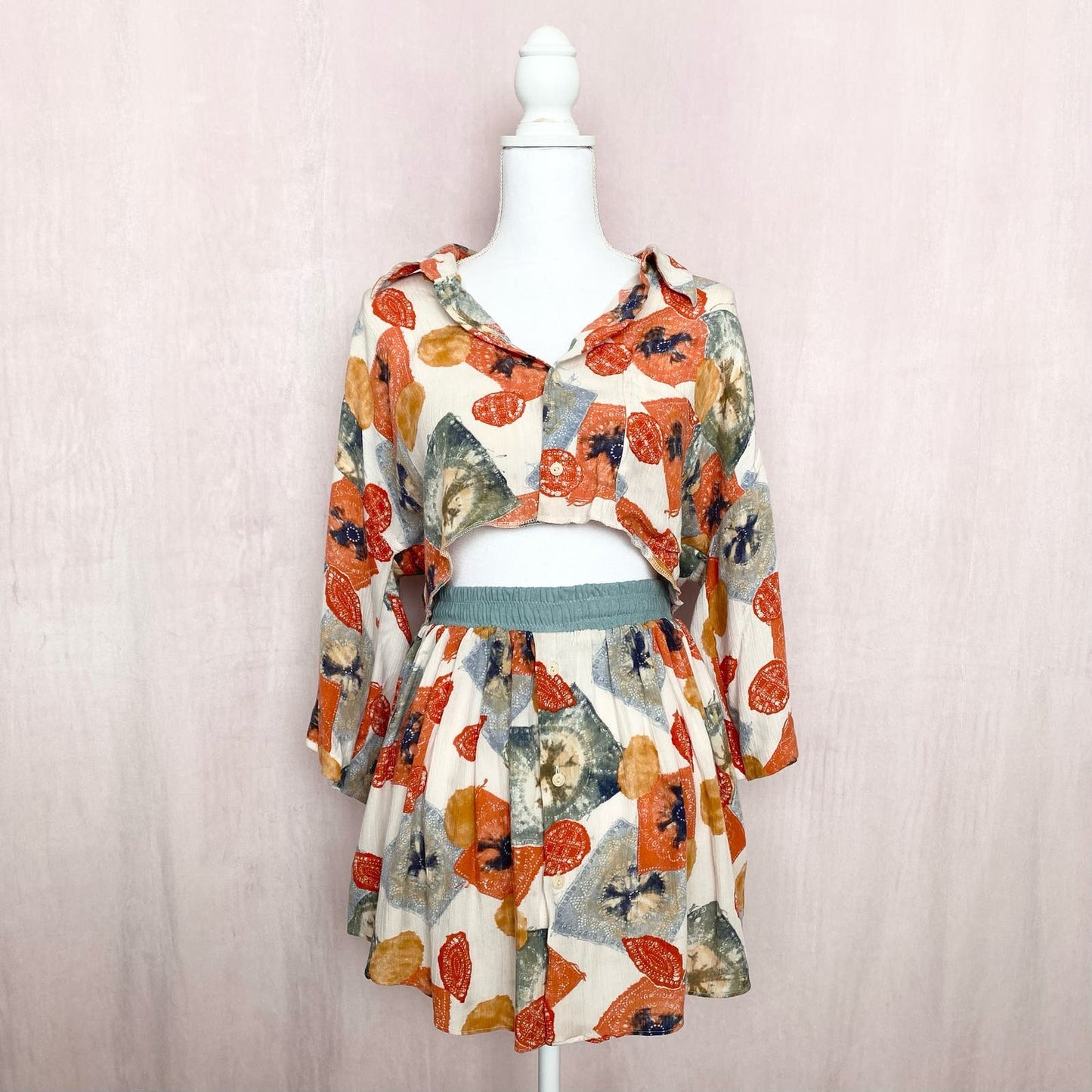 Upcycled Vintage Button Front Two Piece Skirt Set, Size S/M