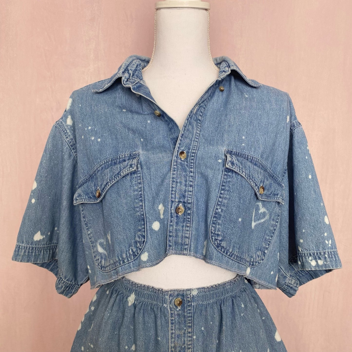 Upcycled Vintage Denim Bleach Heart Button Front Skirt Set, Size M/L