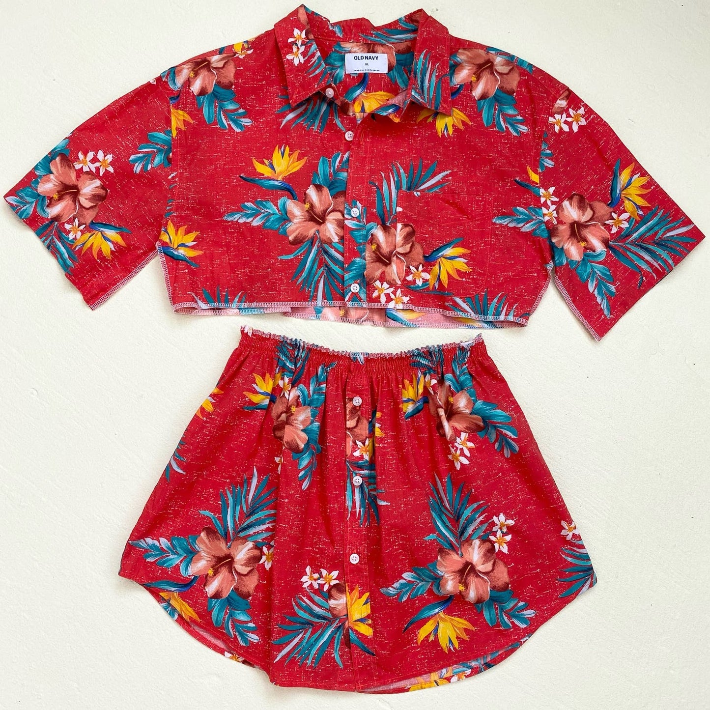 Upcycled Hawaiian Crop Button Up Shirt & Skirt Set, Size XS/S