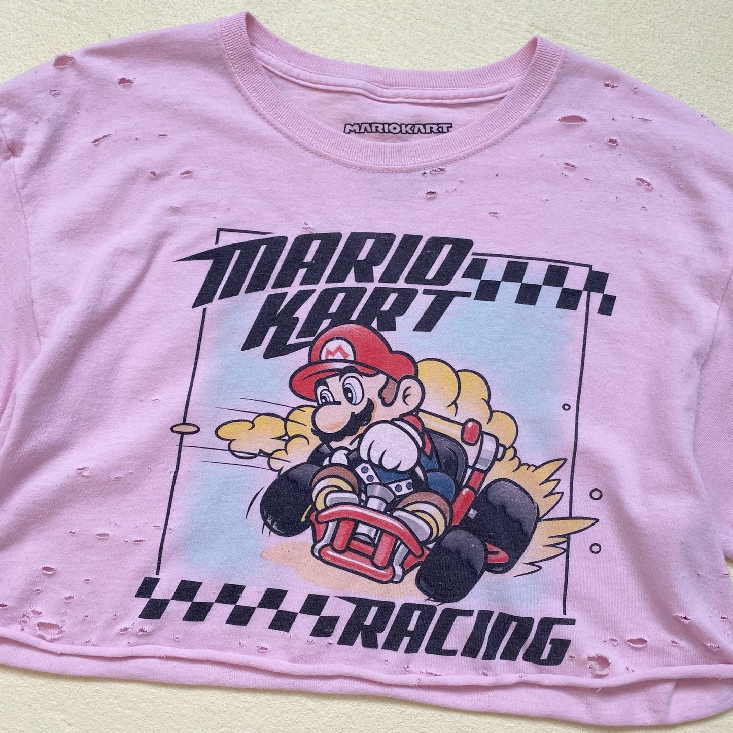 Upcycled Mario Kart Racing Distressed Crop Tee, Size Medium