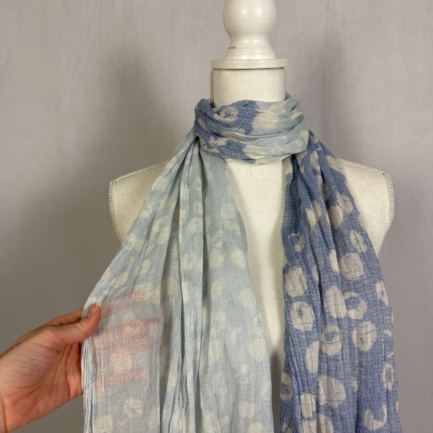 Secondhand Blue Boho Polka Dot Two Tone Fringe Scarf