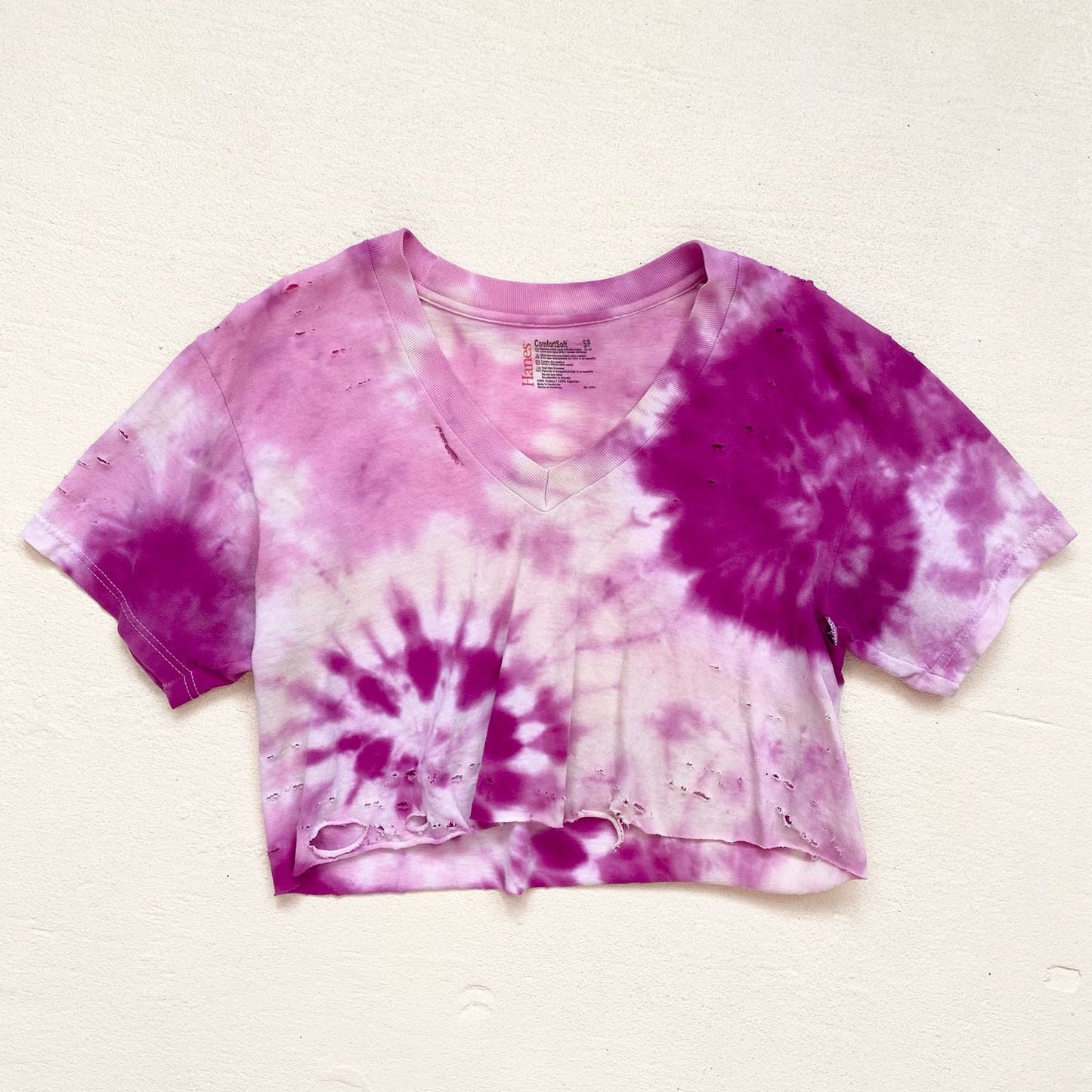 Upcycled Distressed Pink Purple Tie Dye Crop Tee, Size Small