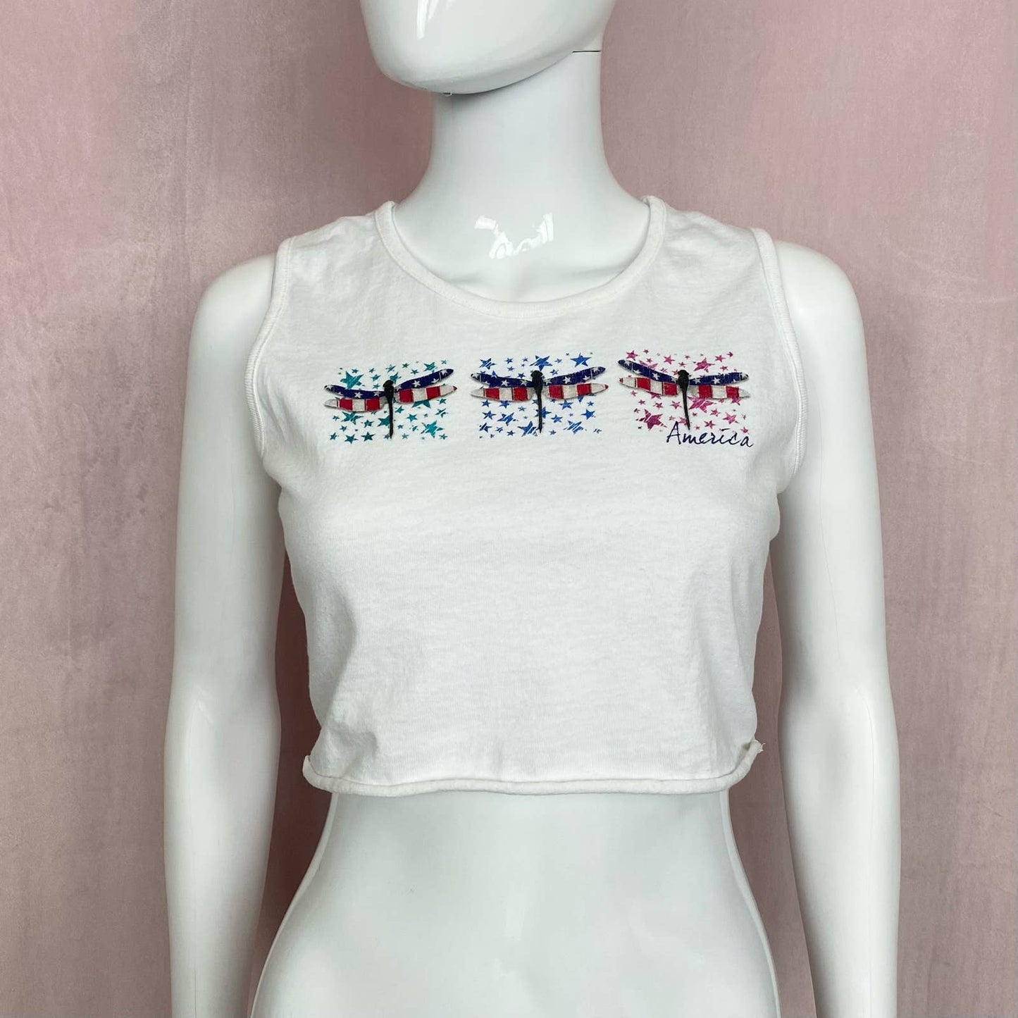 Reworked Y2K American Flag Dragonfly Crop Tank, Size Small