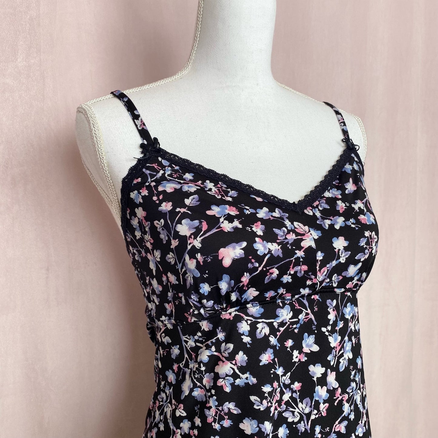 Y2K Floral Lace Trim Chemise Mini Dress, Size Medium