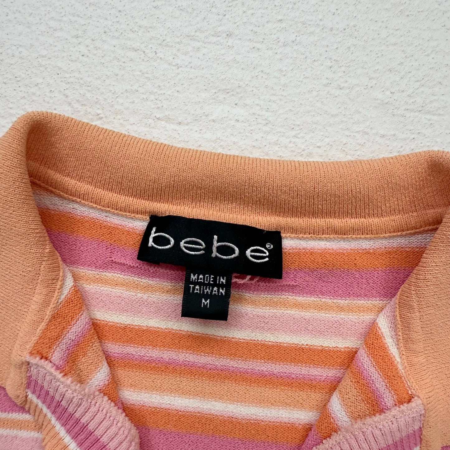 Y2K Bebe Pink Orange Ribbed Stripe Polo Top, Size Medium