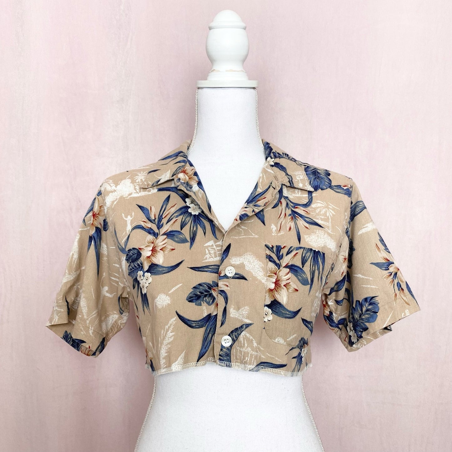 Upcycled Crop Hawaiian Shirt Button Up, Size S/M