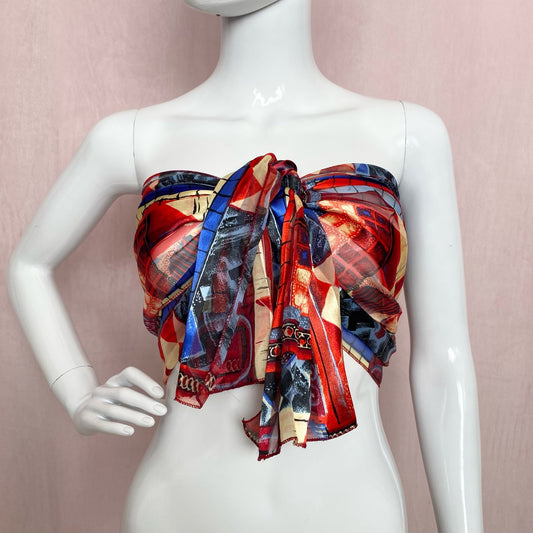 Secondhand Sheer Satin Red Blue Cream Abstract Scarf Top