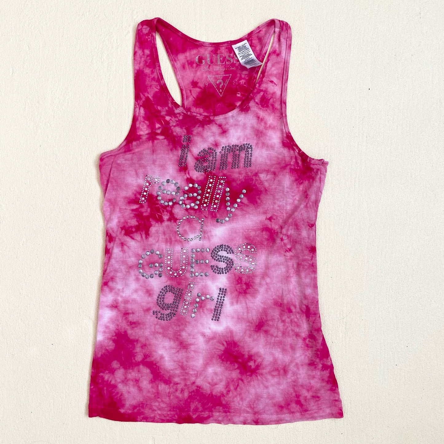 Y2K Guess Rhinestone Pink Tie Dye Tank Top, Size Large