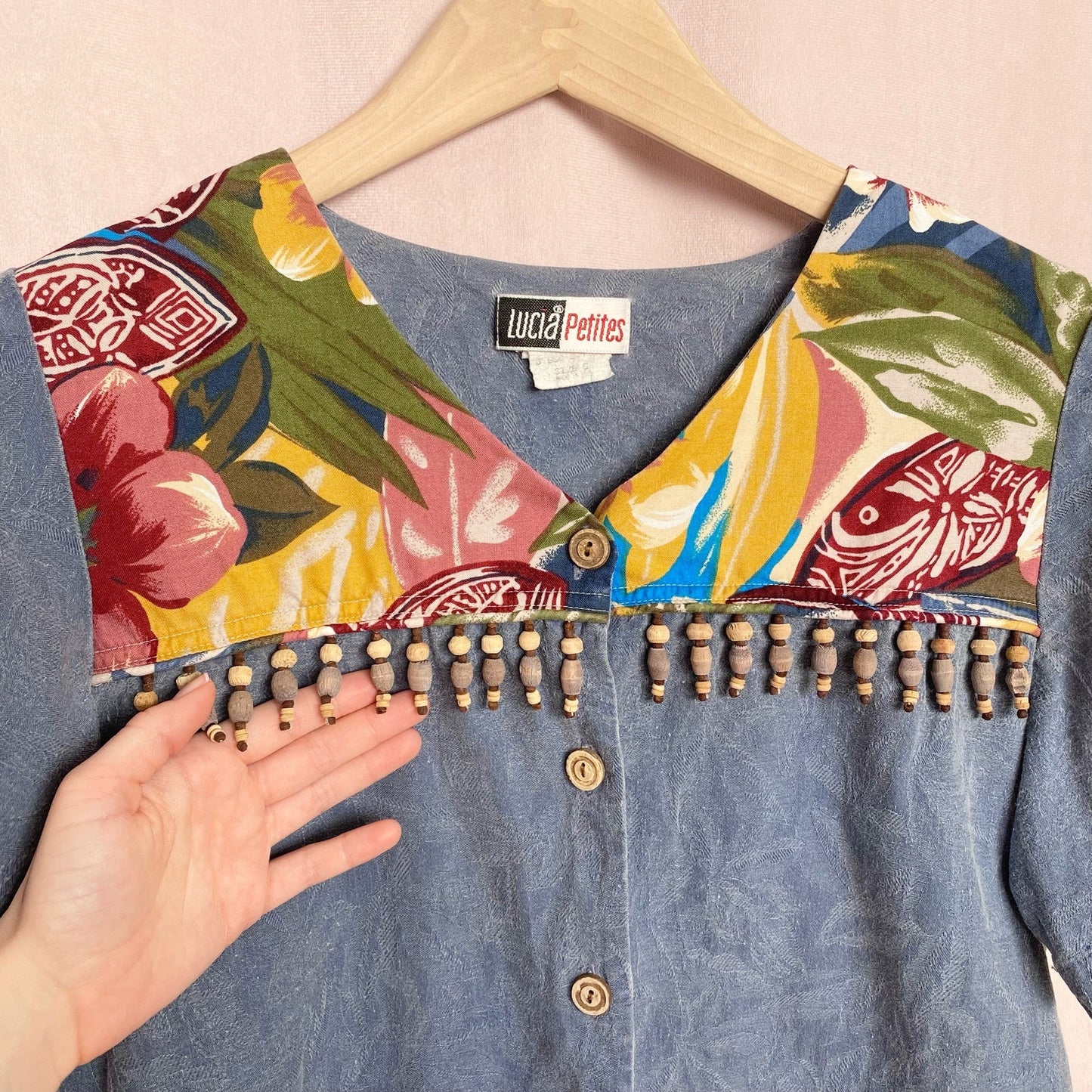 Vintage Lucia Petites Floral Dangly Beaded Denim Shirt, Size Small