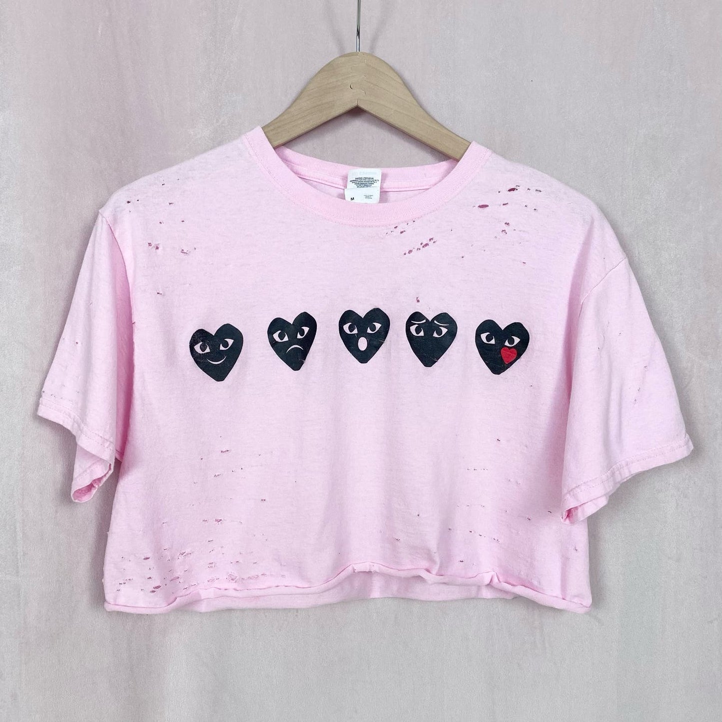Upcycled Heart Emoji Distressed Crop Pink Graphic Tee
