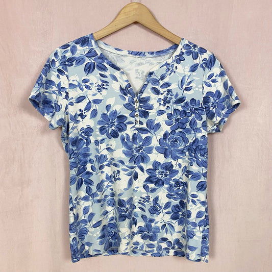 Vintage Blue Floral Print Short Sleeve Blouse, Size Medium