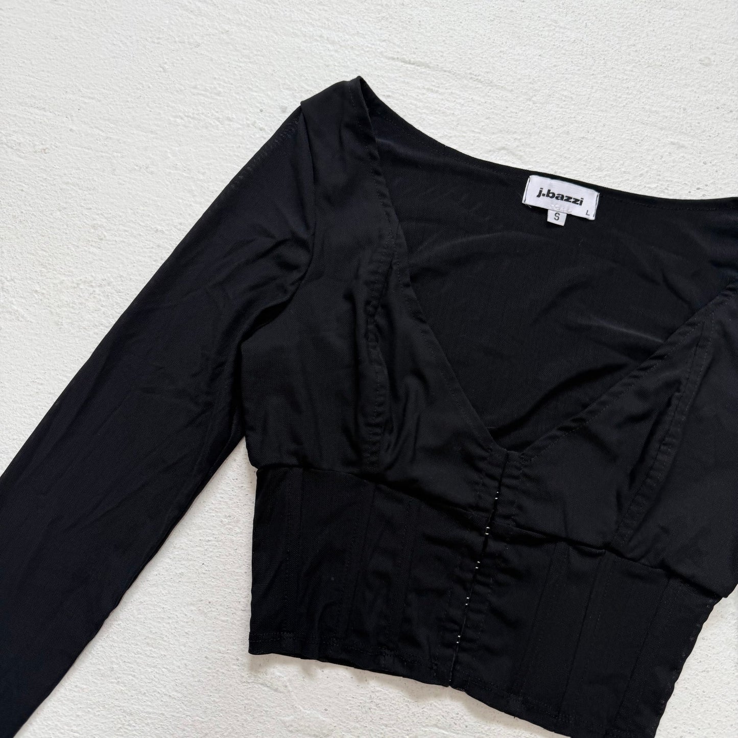 Secondhand J.Bazzi Black Mesh Corset Bustier Long Sleeve Crop Top, Size Small