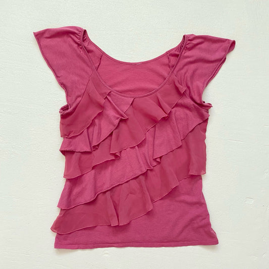 Y2K Pink Tiered Ruffle Cap Sleeve Top, Size M/L