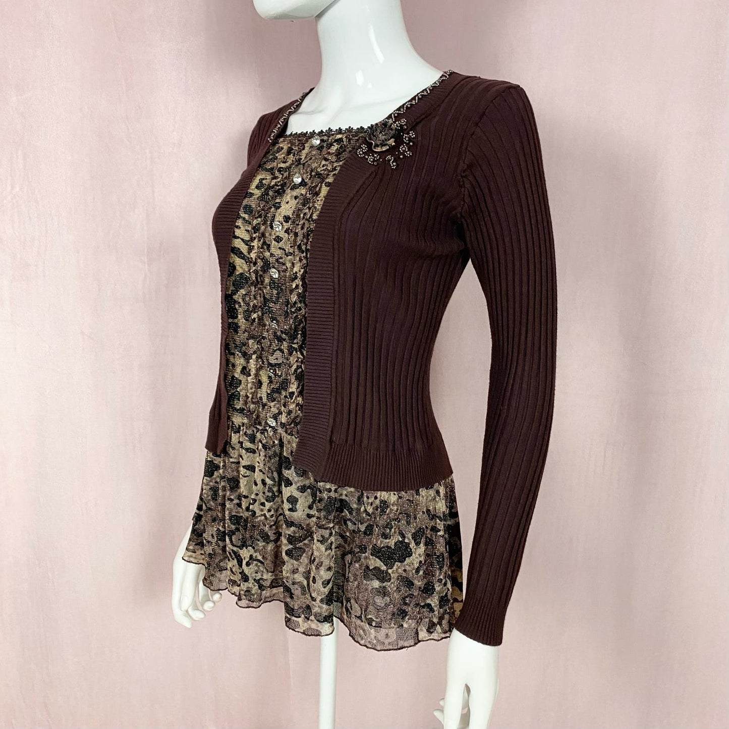 Vintage Ribbed Cardigan Leopard Print Mesh Top, Size Small