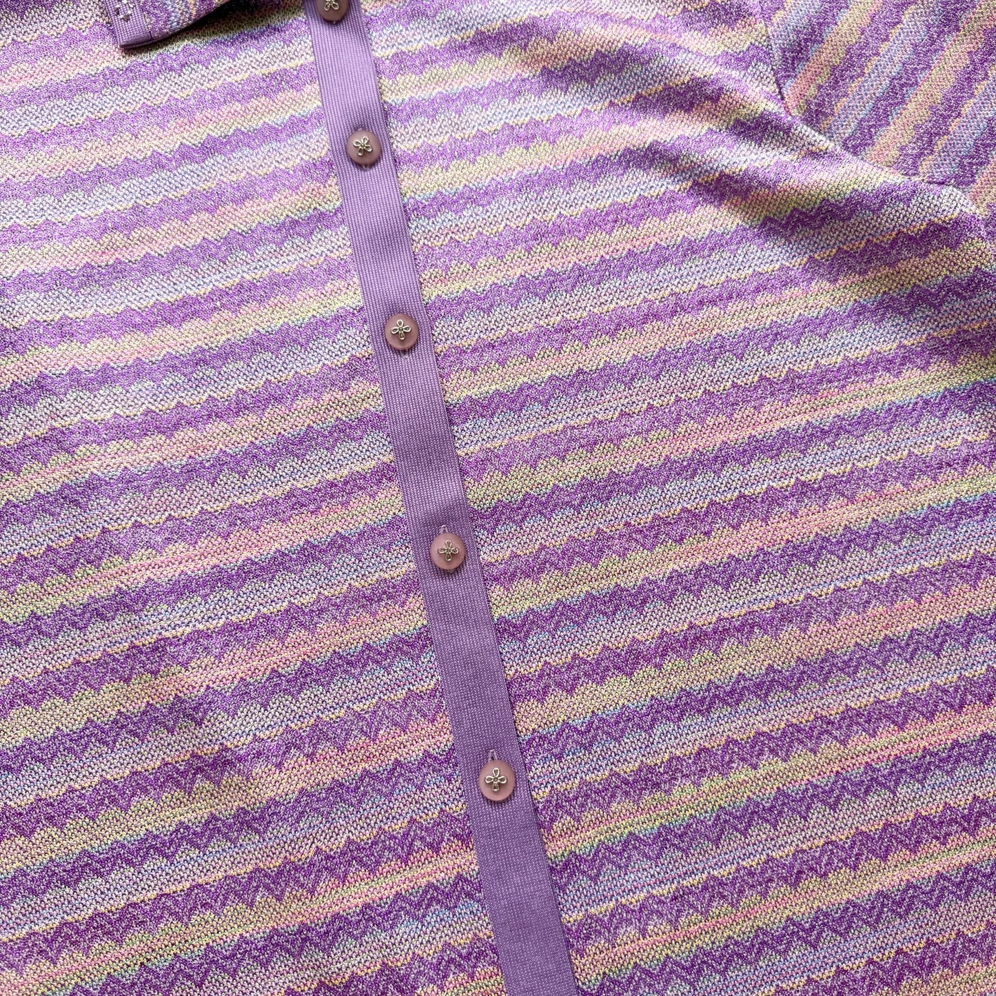 Secondhand Purple Zigzag Metallic Stripe Knit Button Up Rhinestone Collar, Size XL