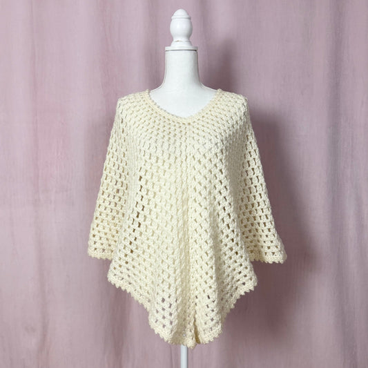 Vintage Handmade Cream Crochet Knit Poncho, One Size