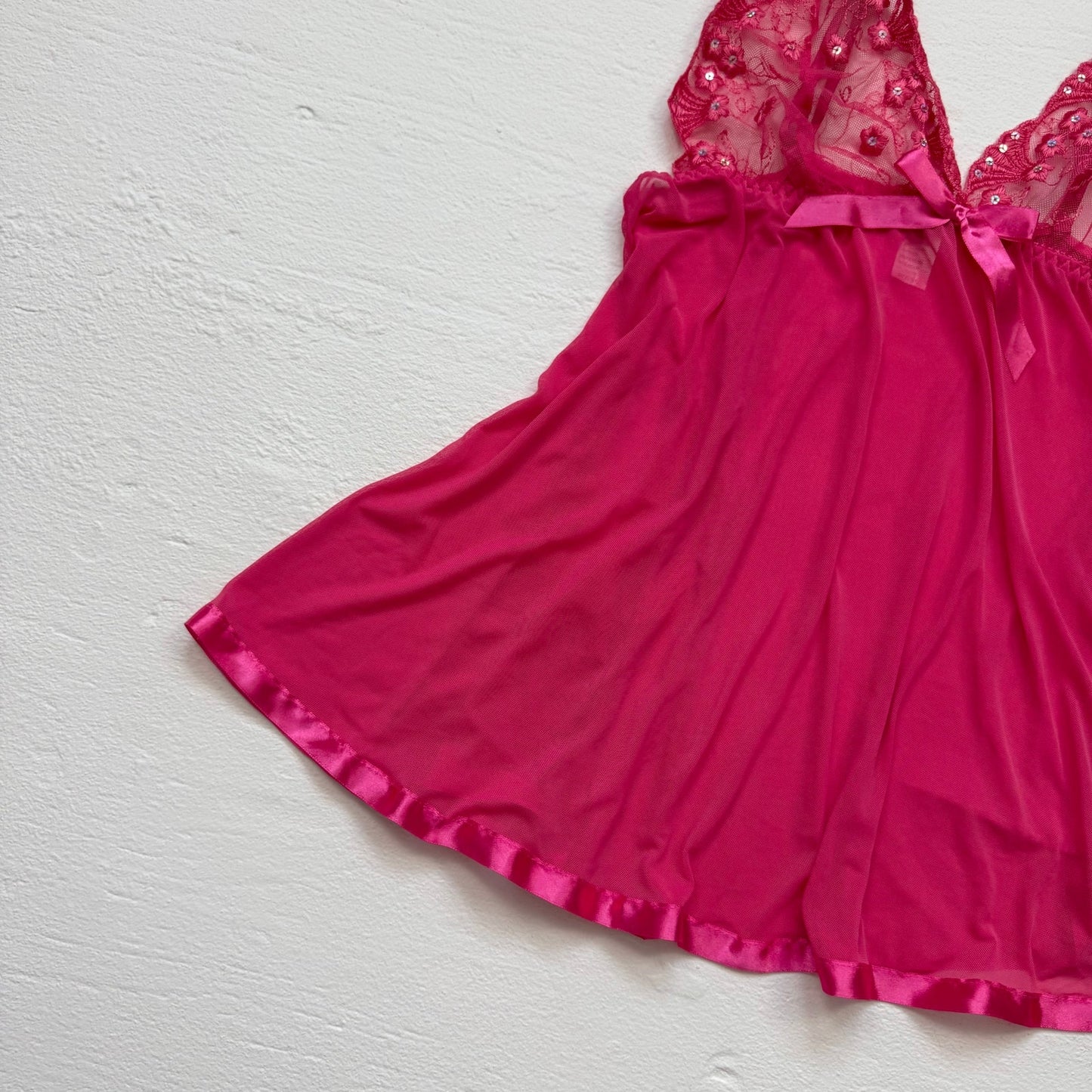 Secondhand Pink Mesh Sequin Lace Babydoll Lingerie Mini Nightgown, Size XL