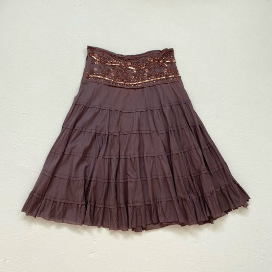 Vintage Brown Tiered Whimsigoth Midi Skirt, Size M/L