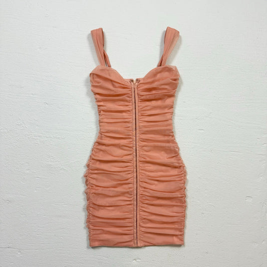 Secondhand Oh Polly Peach Ruched Bodycon Mini Dress, Size 4