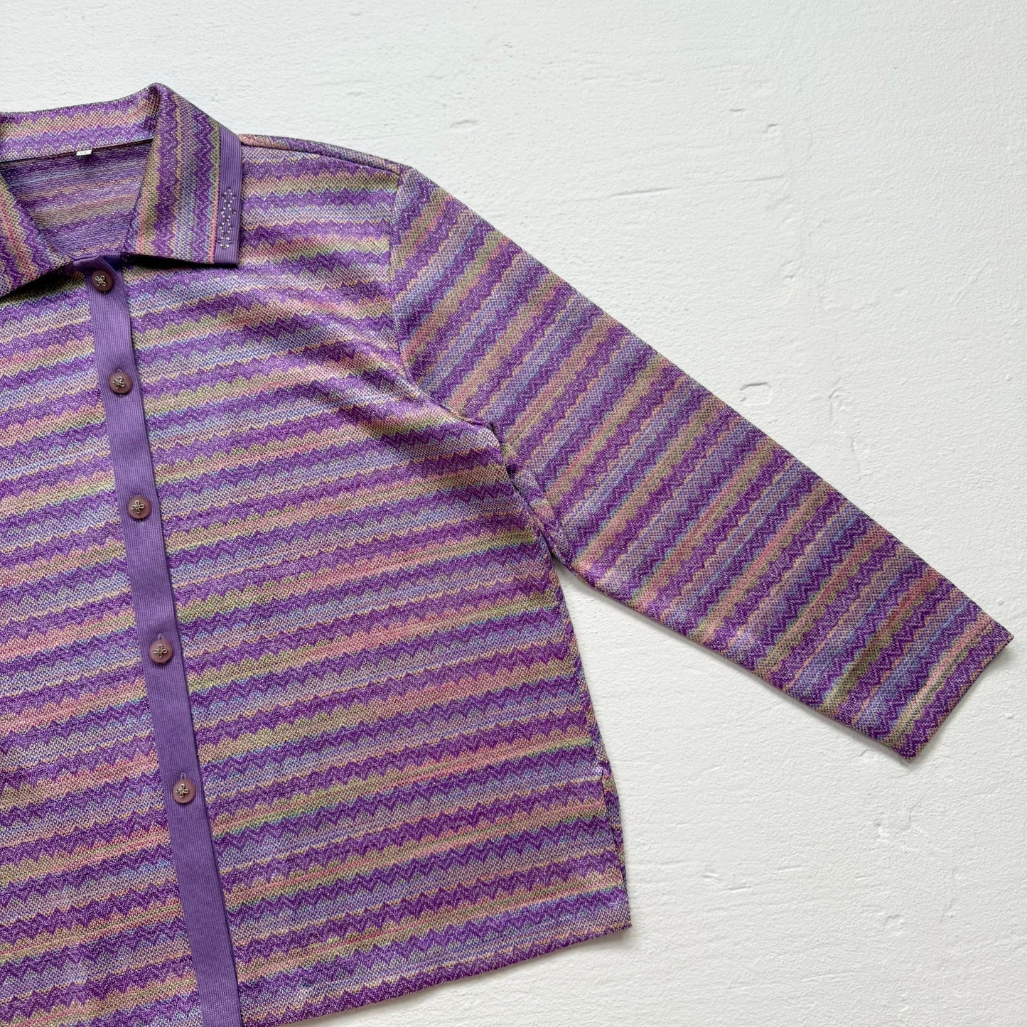 Secondhand Purple Zigzag Metallic Stripe Knit Button Up Rhinestone Collar, Size XL