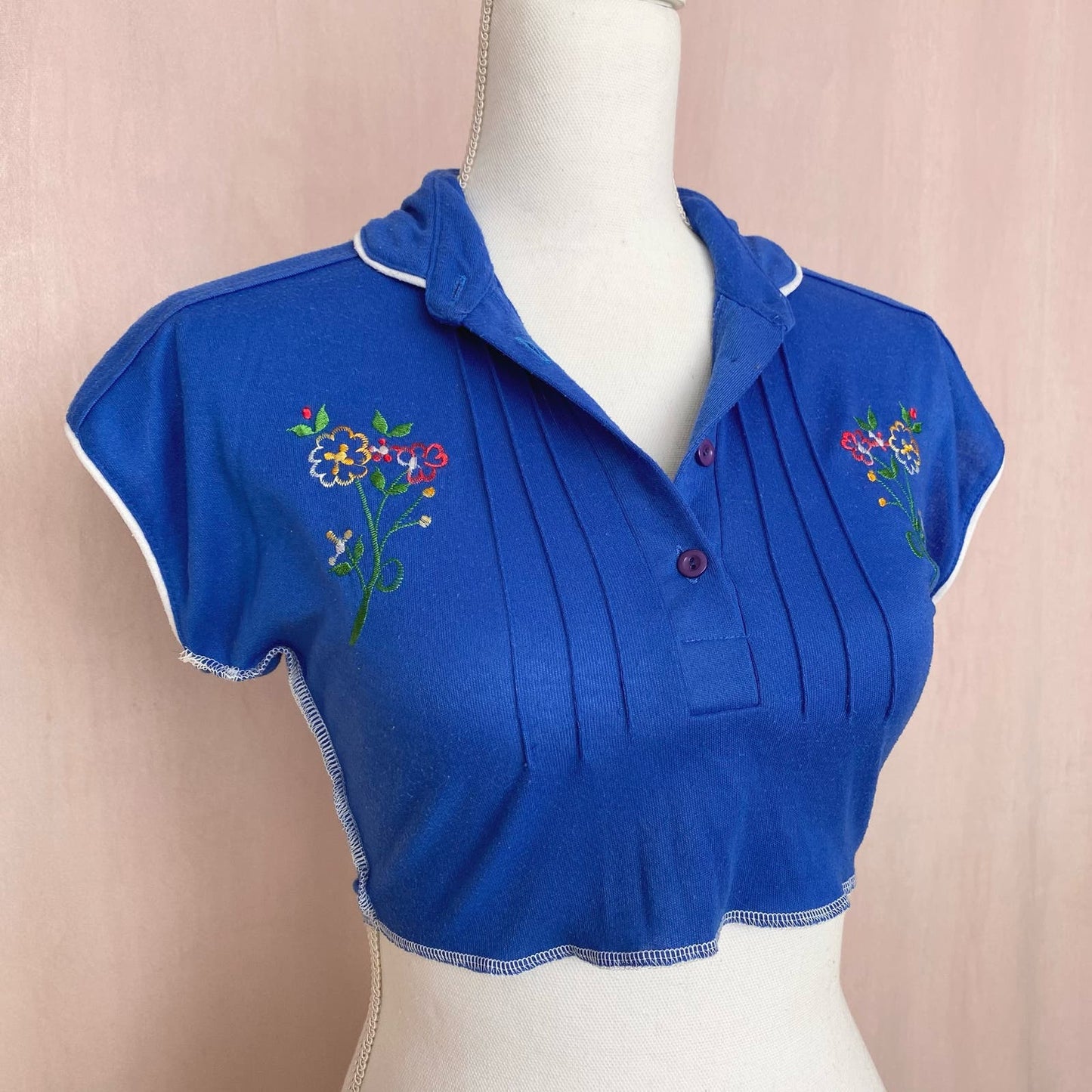Upcycled Vintage Embroidered Button Front Crop Top, Size Small
