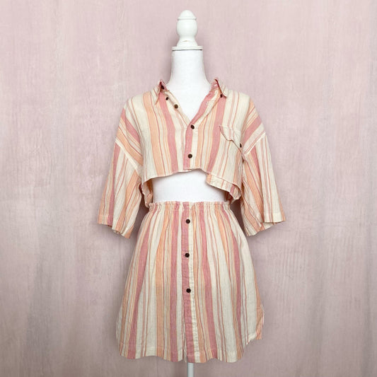 Upcycled Vintage Crop Button Up Shirt & Skirt Set, Size S/M