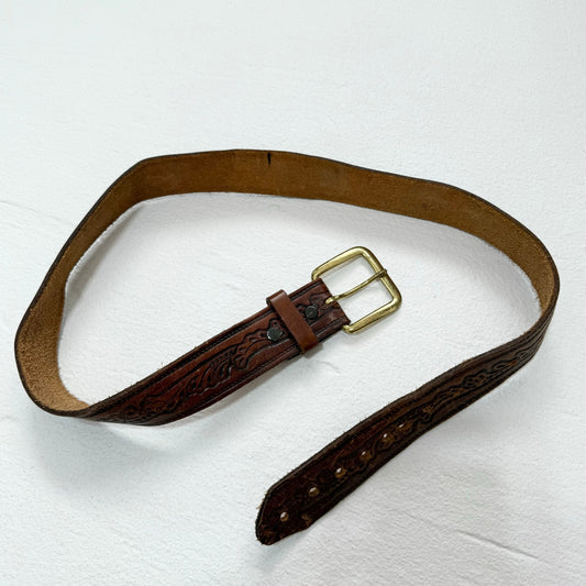 Vintage Brown Tooled Leather Belt, Size M/L