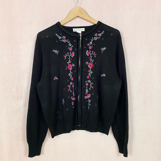 Vintage Dressbarn Floral Embroidered Zip Up Cardigan Sweater, Size XL