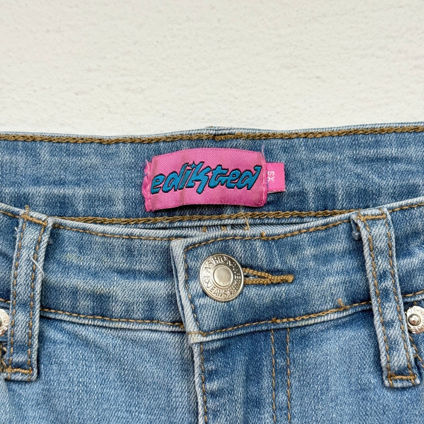 Reworked Edikted Feather Hem High Rise Flare Jeans, Size XS