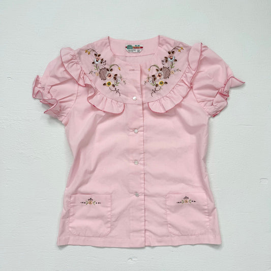 Vintage Pink Embroidered Ruffle Button Up Top, Size Small